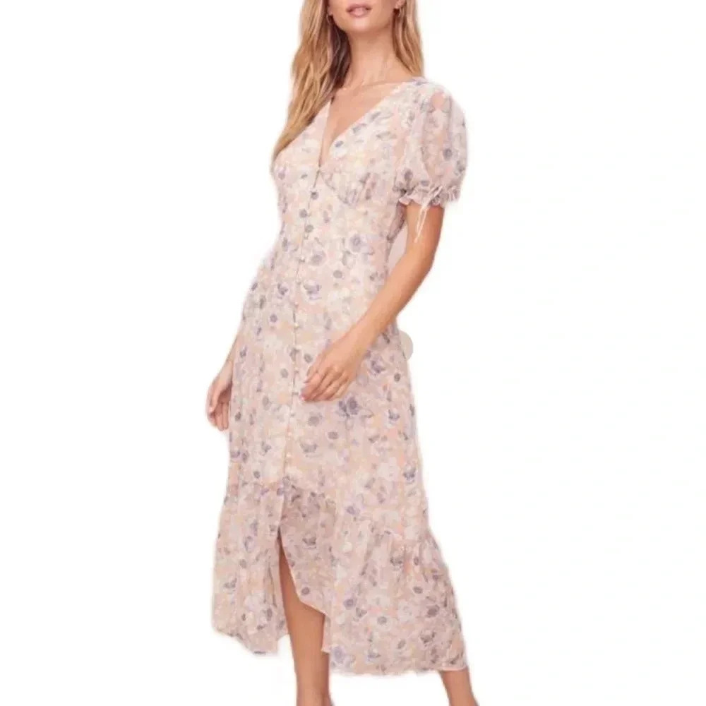 Astr Puff Sleeve Floral Midi Dress in Blush and Lavender